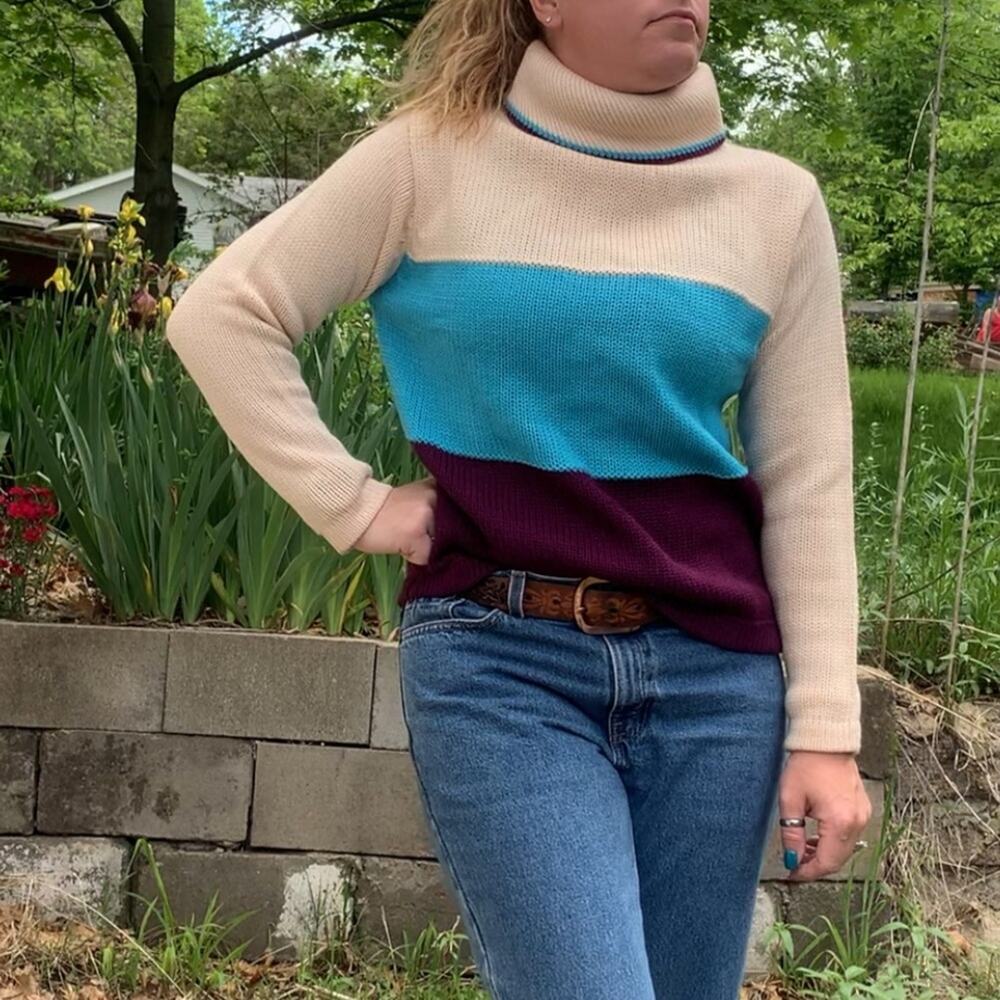Vintage 60s 70s Sears Wool turtleneck sweater color block stripe